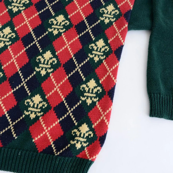Vintage Talbots Red Green Fleur de Lis Argyle Preppy Plaid Crewneck Sweater XL - Picture 6 of 11